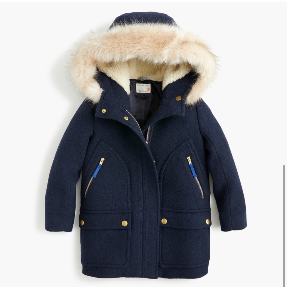Crewcuts Dark Blue Pea Coat with Faux Fur Trim